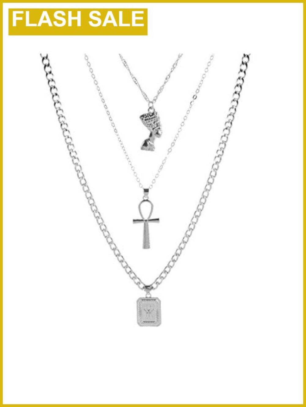 3-Layer Nefertiti Pharaoh Necklace, Ancient Egyptian Queen Cross Pendant, Punk